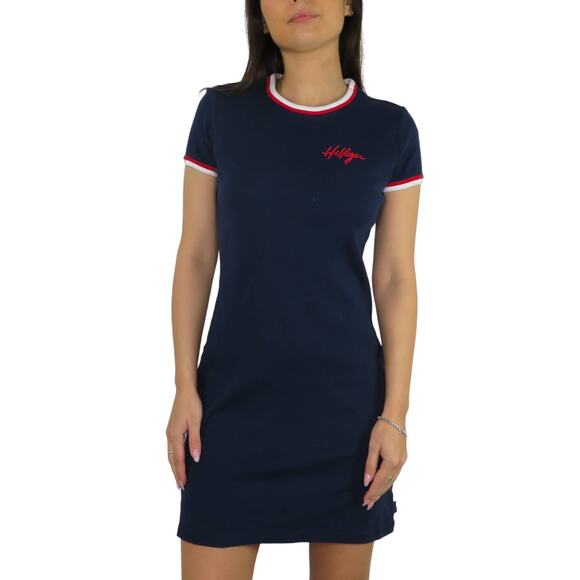 1990s Y2k Vintage Tommy Hilfiger Navy Embroidered T-Shirt Dress XS - Picture 1 of 11